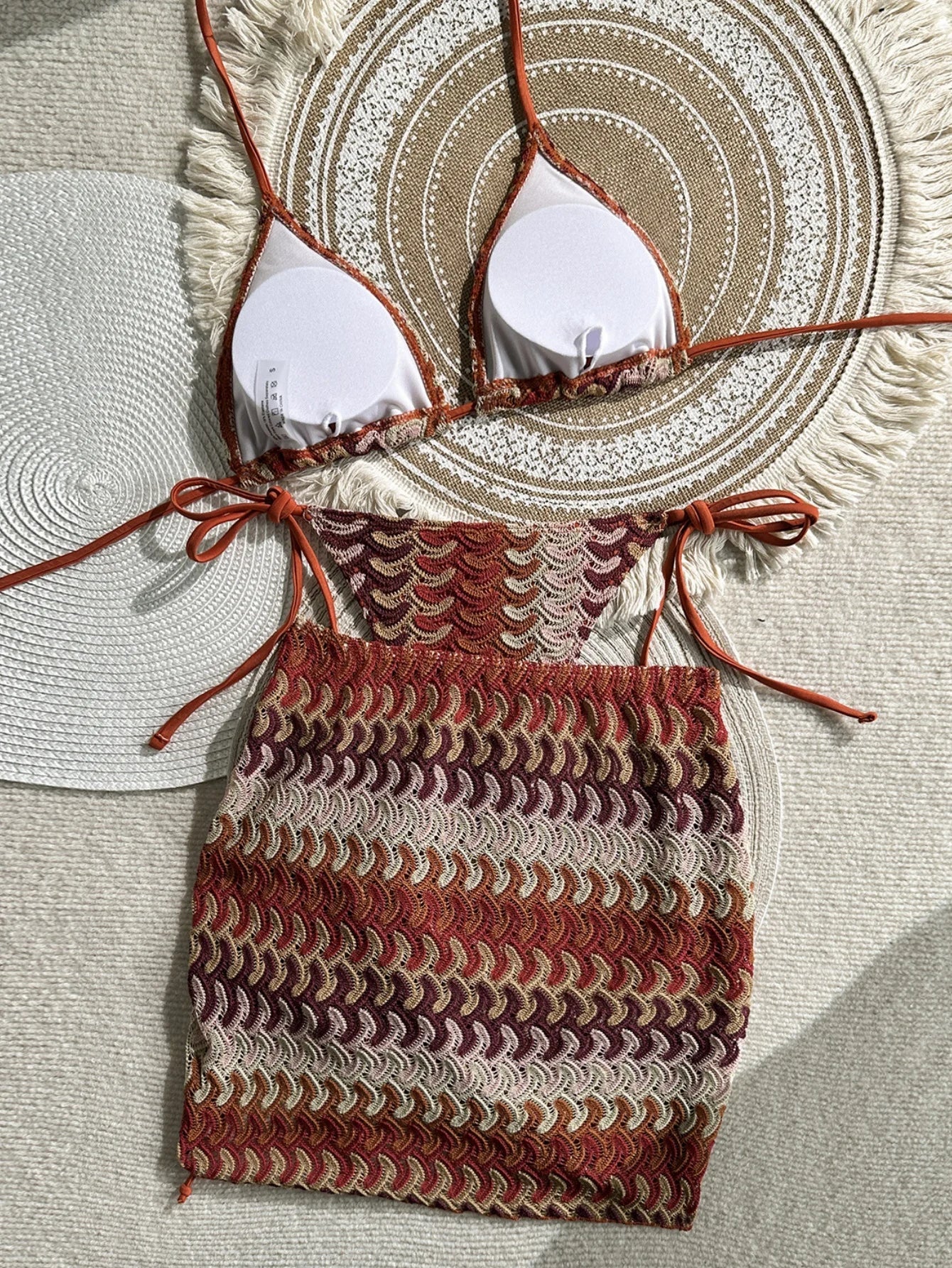 Vintage Coffee Striped Push Up Thong Bikini Set