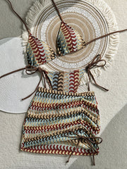 Vintage Coffee Striped Push Up Thong Bikini Set