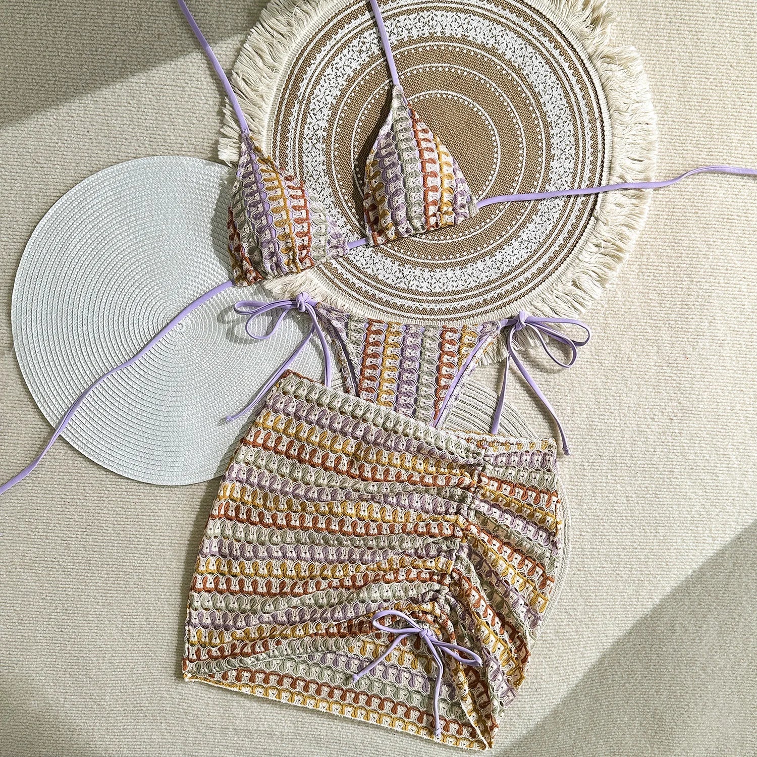 Vintage Coffee Striped Push Up Thong Bikini Set