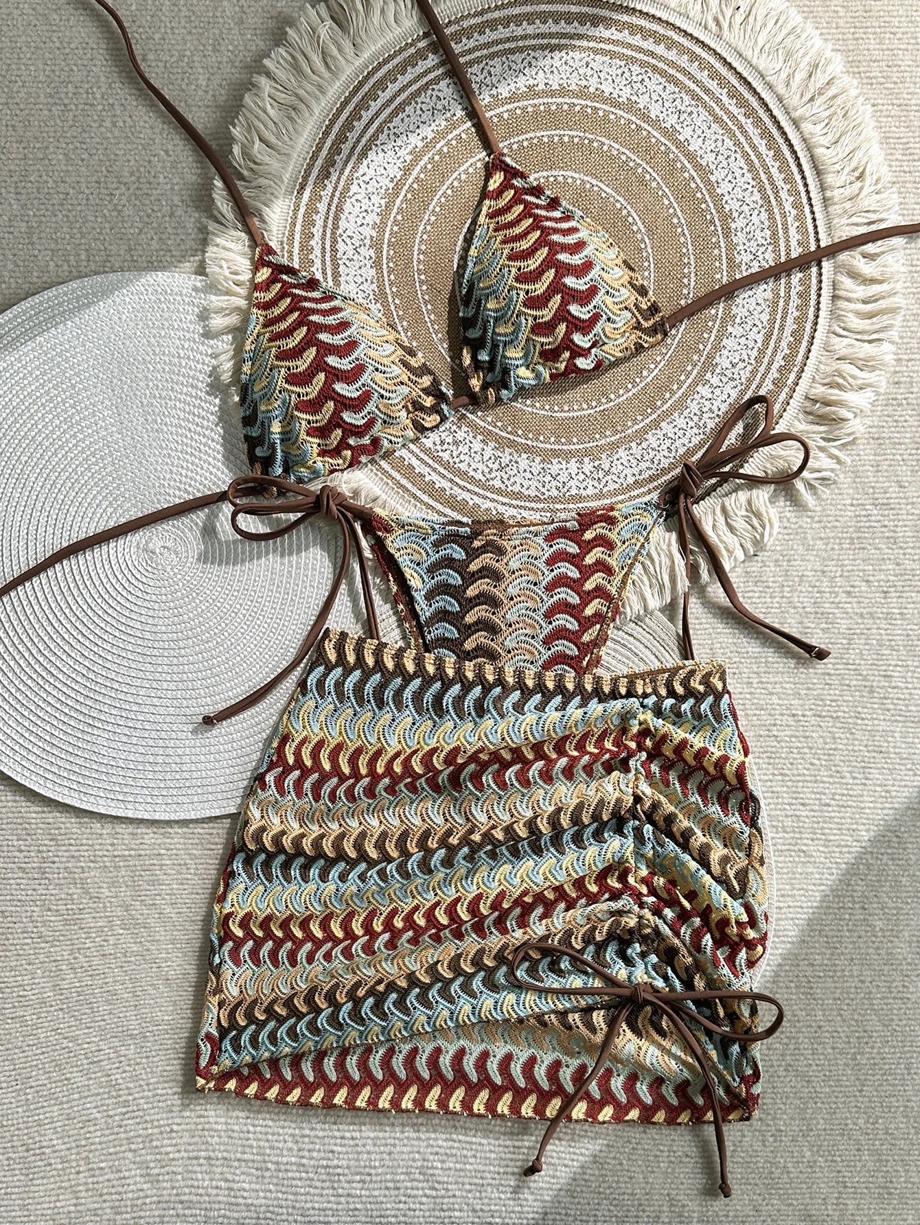 Vintage Coffee Striped Push Up Thong Bikini Set