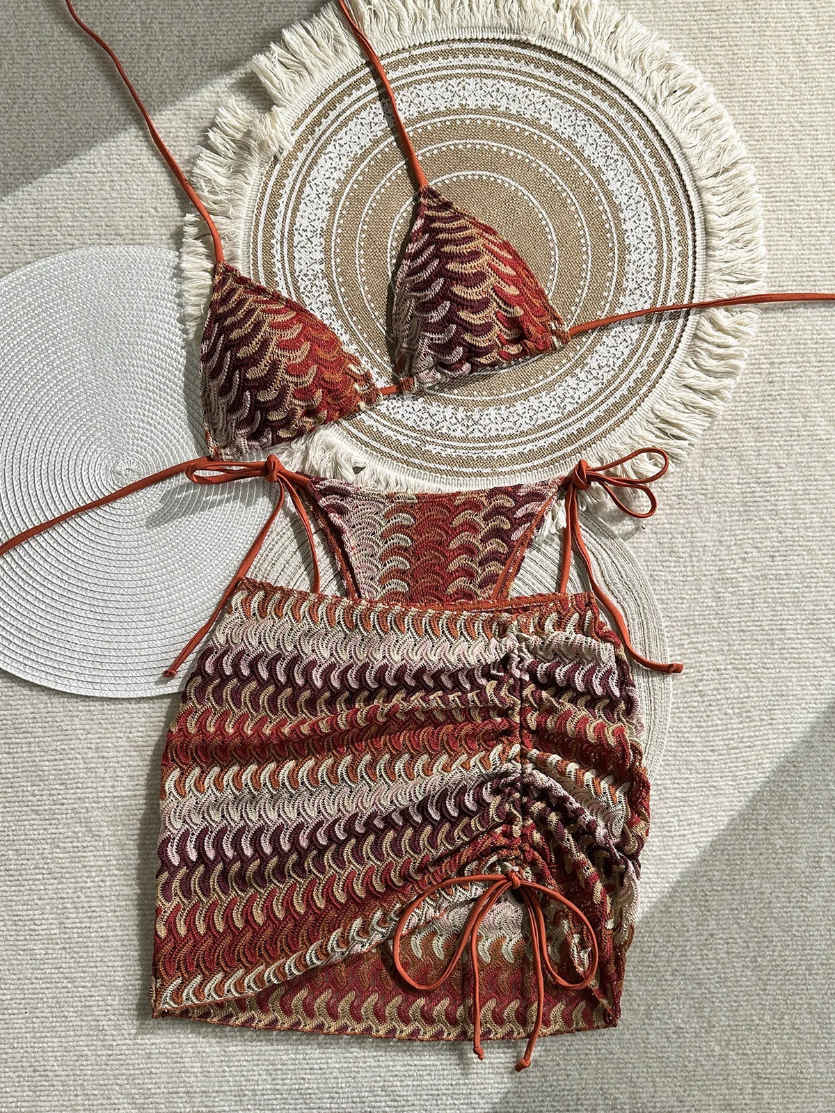 Vintage Coffee Striped Push Up Thong Bikini Set