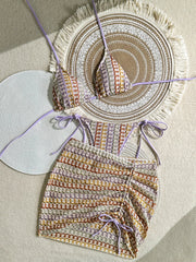 Vintage Coffee Striped Push Up Thong Bikini Set