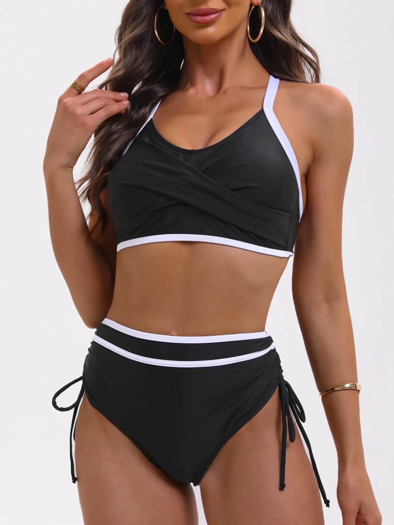Vintage Drawstring Side High Waist Bikini Swimwear Black Patchwork Cross Push Up Bandage Cross Bathing Suit Swimsuit 2025