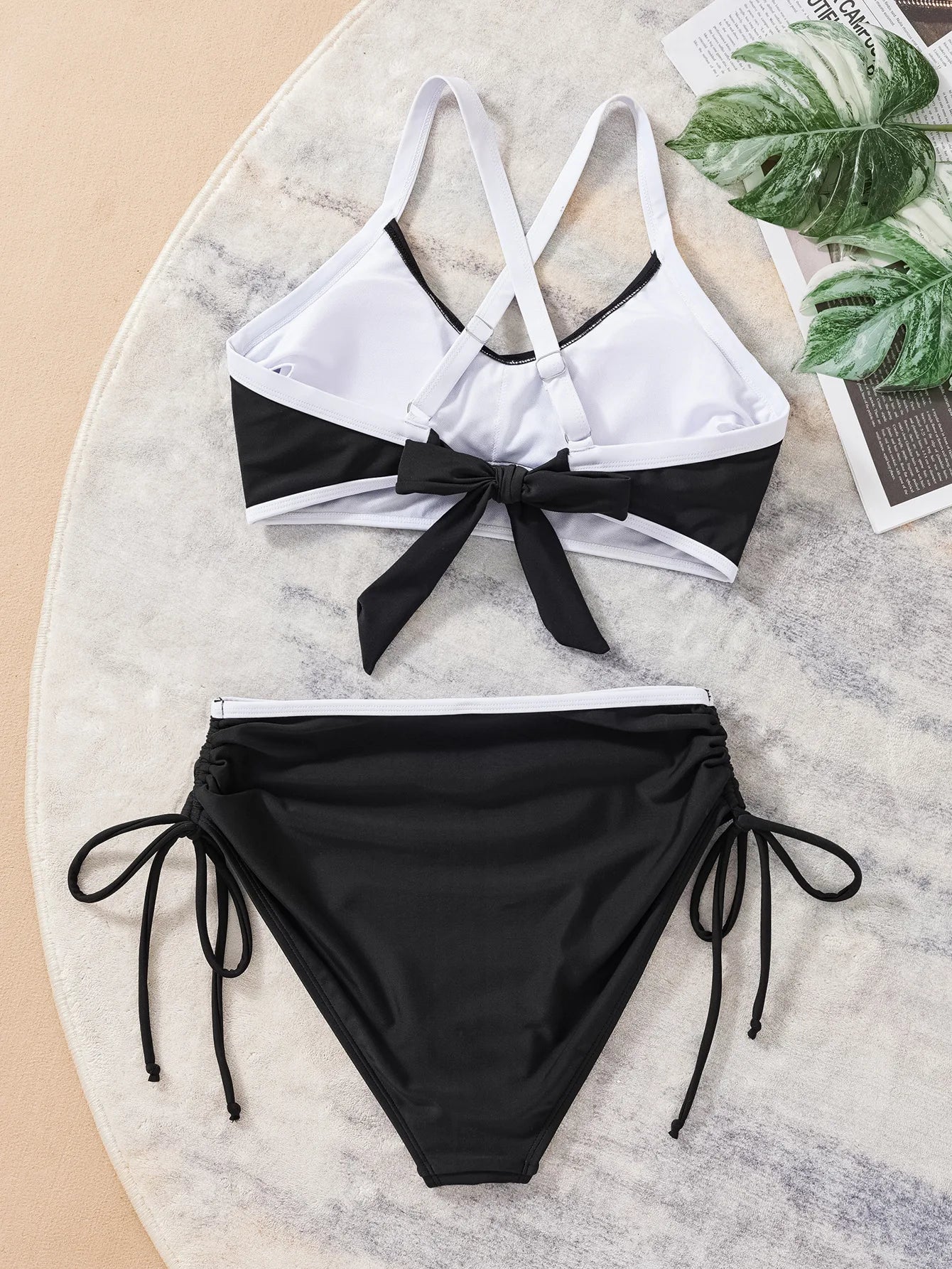 Vintage Drawstring Side High Waist Bikini Swimwear Black Patchwork Cross Push Up Bandage Cross Bathing Suit Swimsuit 2025