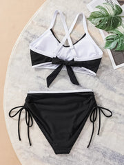 Vintage Drawstring Side High Waist Bikini Swimwear Black Patchwork Cross Push Up Bandage Cross Bathing Suit Swimsuit 2025
