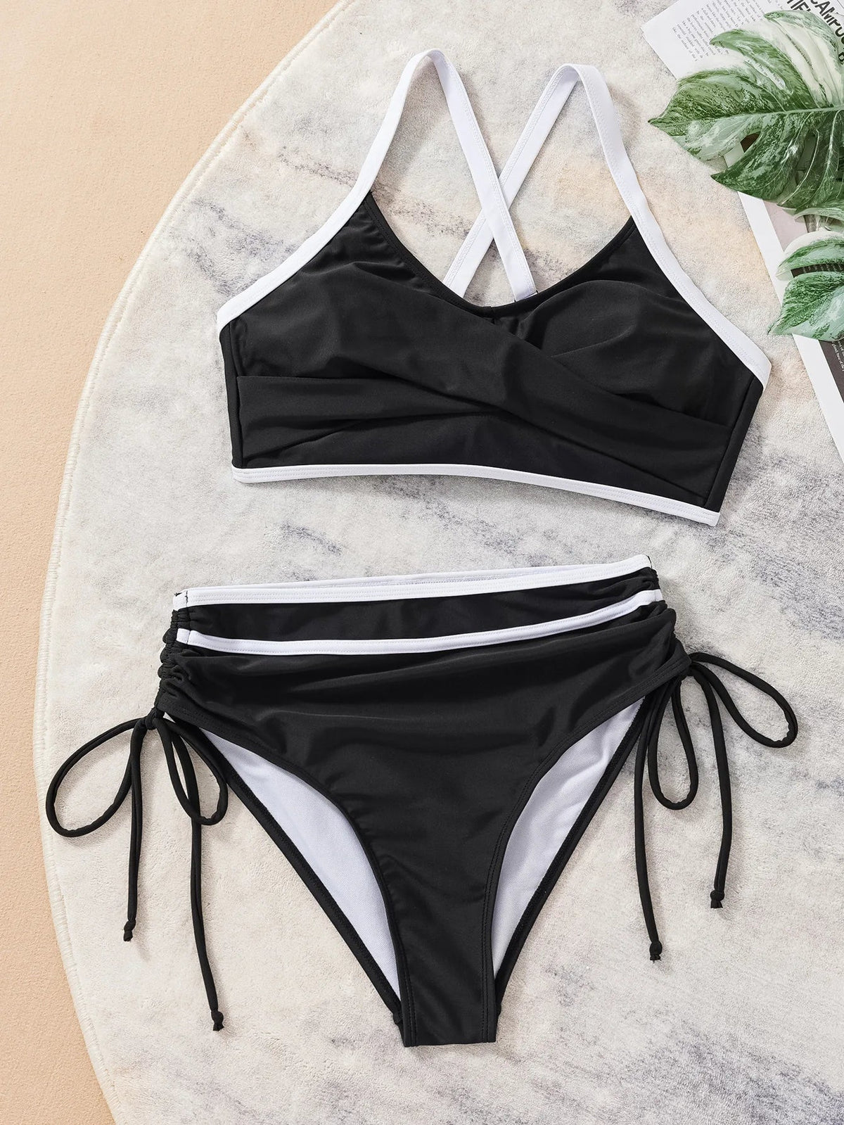 Vintage Drawstring Side High Waist Bikini Swimwear Black Patchwork Cross Push Up Bandage Cross Bathing Suit Swimsuit 2025