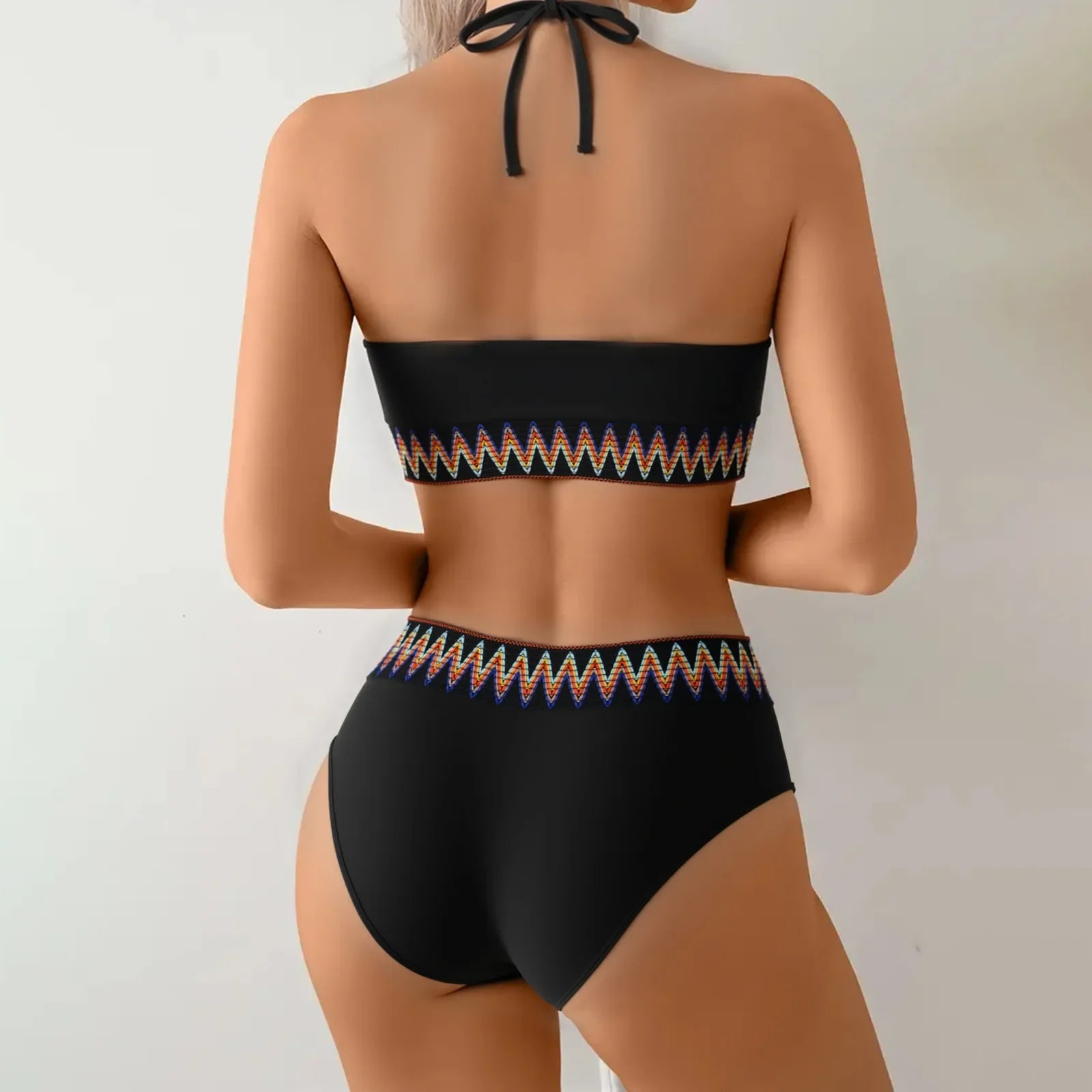 Vintage Ethnic Style Woven Tape High Waist Bikini Set