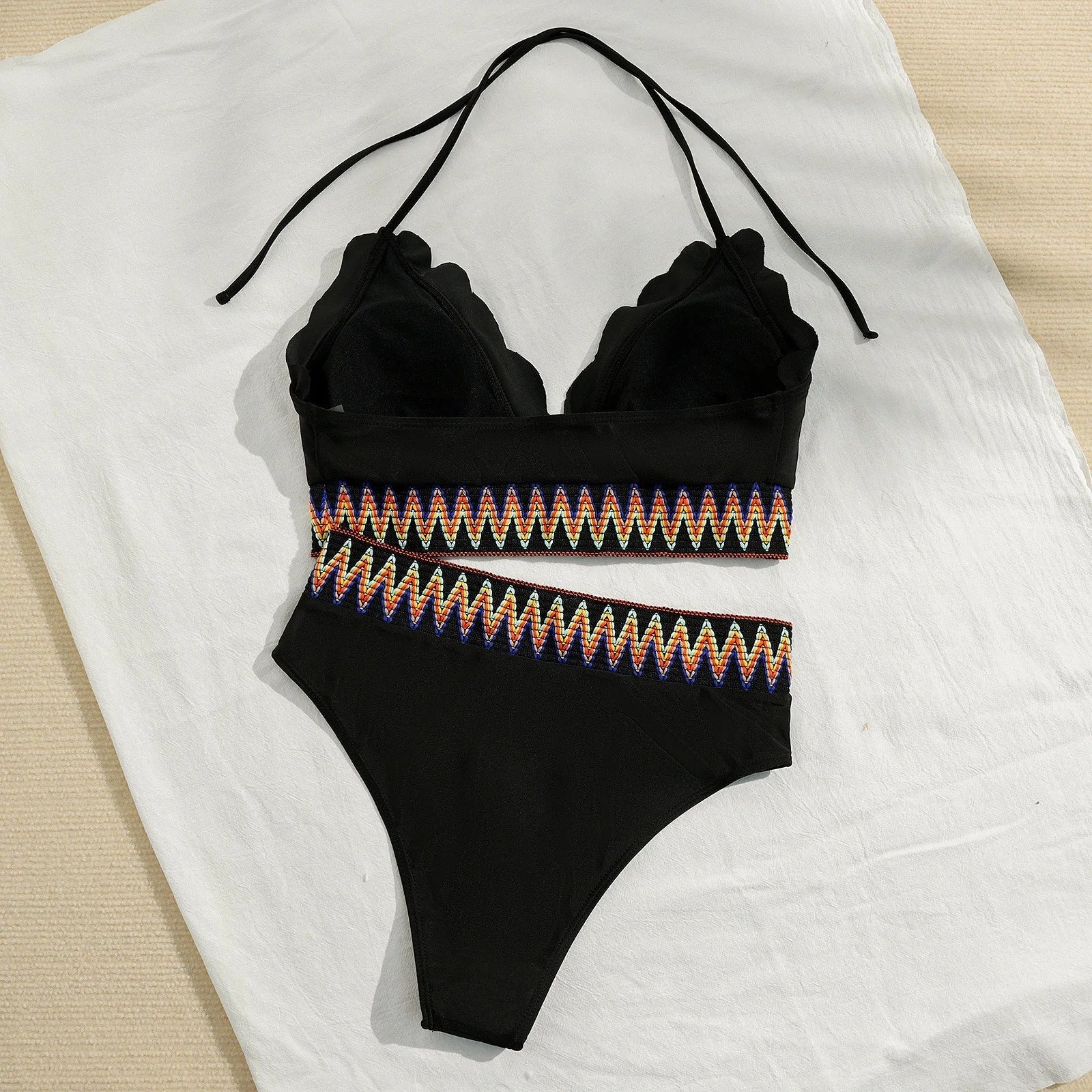 Vintage Ethnic Style Woven Tape High Waist Bikini Set