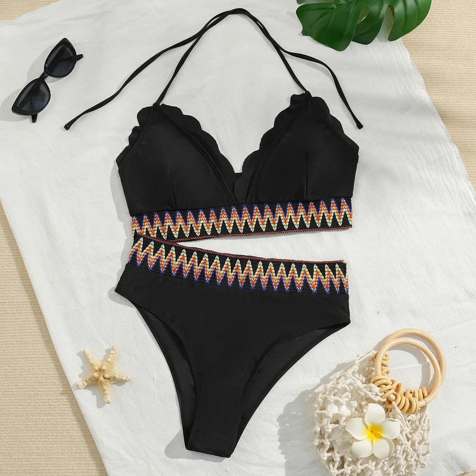 Vintage Ethnic Style Woven Tape High Waist Bikini Set