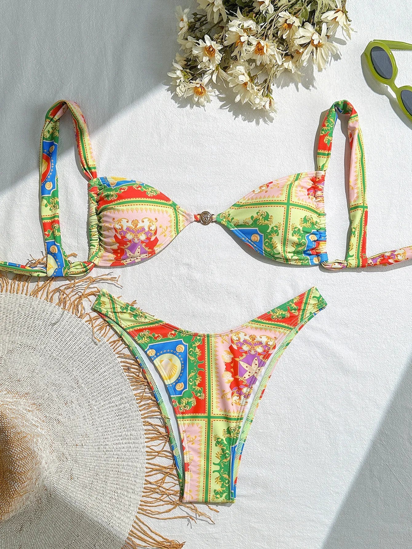 Vintage Green Floral Print Bikini Set