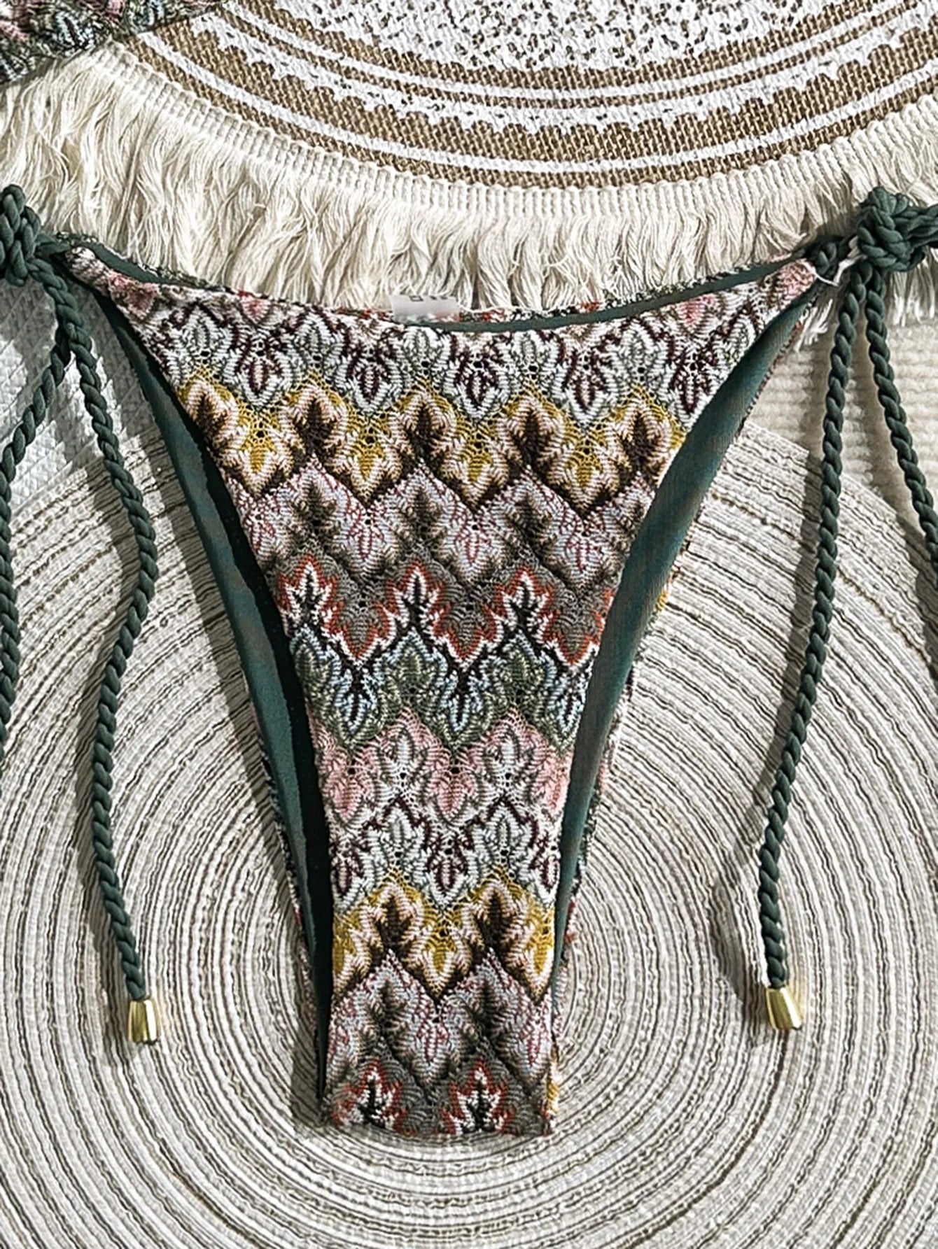Vintage Green Knitted Striped Micro Bikini Halter Push Up Bra Shell Bandage Thong Swimsuit Bathing Suit Swimwear