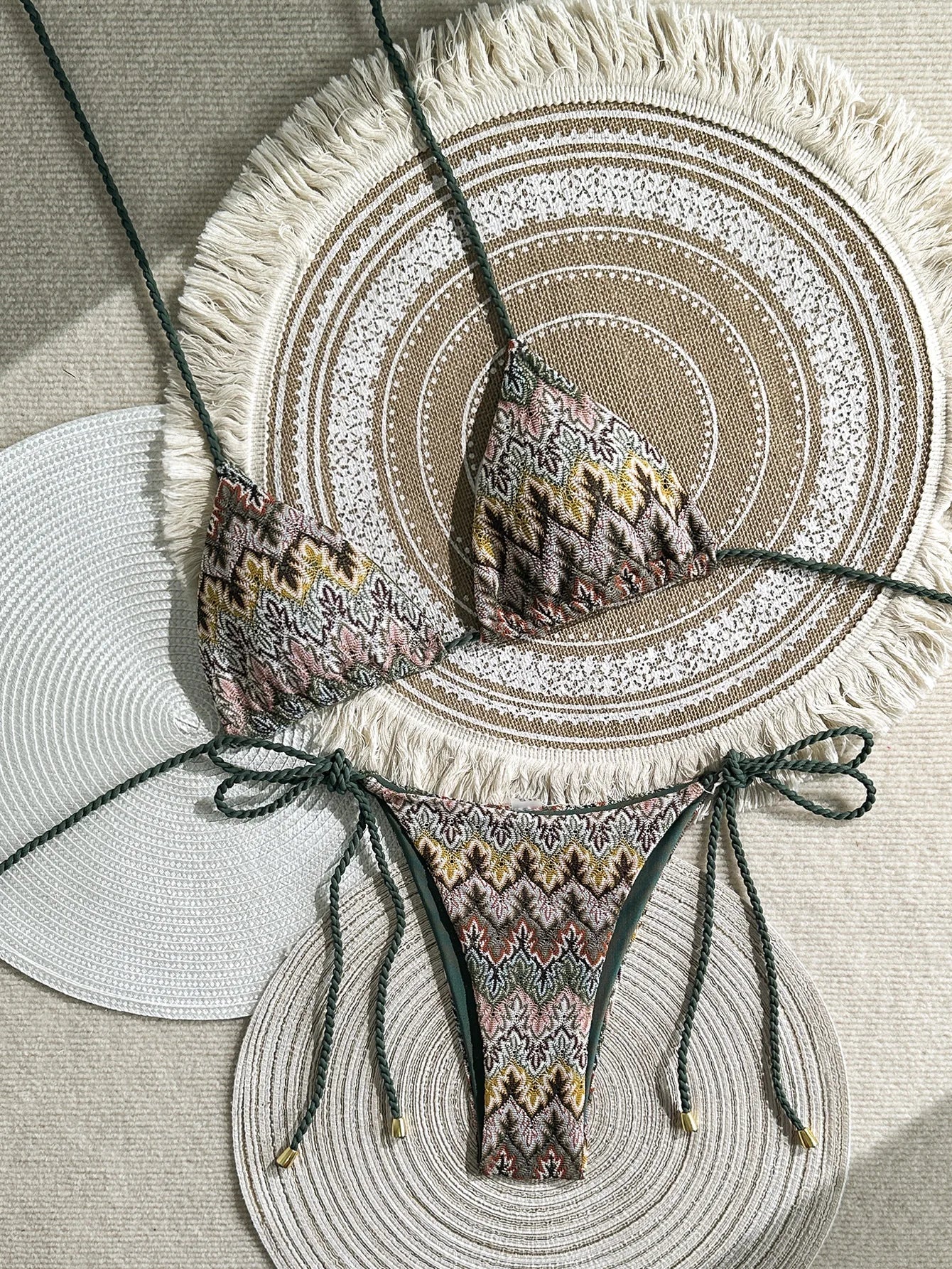 Vintage Green Knitted Striped Micro Bikini Halter Push Up Bra Shell Bandage Thong Swimsuit Bathing Suit Swimwear