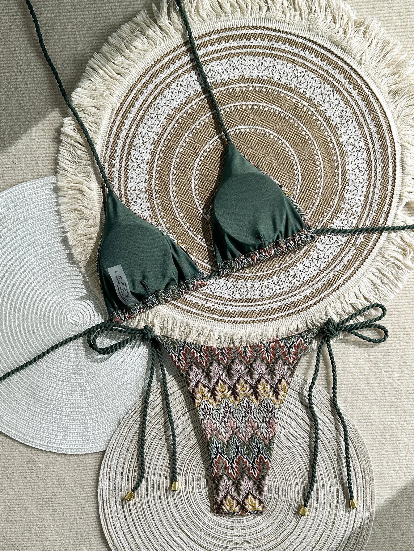 Vintage Green Knitted Striped Micro Bikini Halter Push Up Bra Shell Bandage Thong Swimsuit Bathing Suit Swimwear