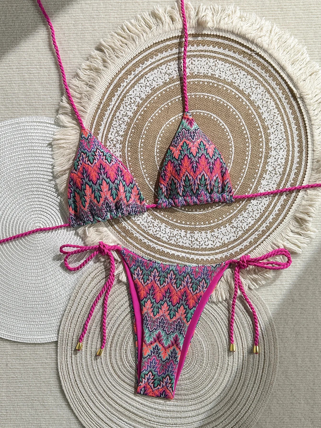Vintage Green Knitted Striped Micro Bikini Halter Push Up Bra Shell Bandage Thong Swimsuit Bathing Suit Swimwear
