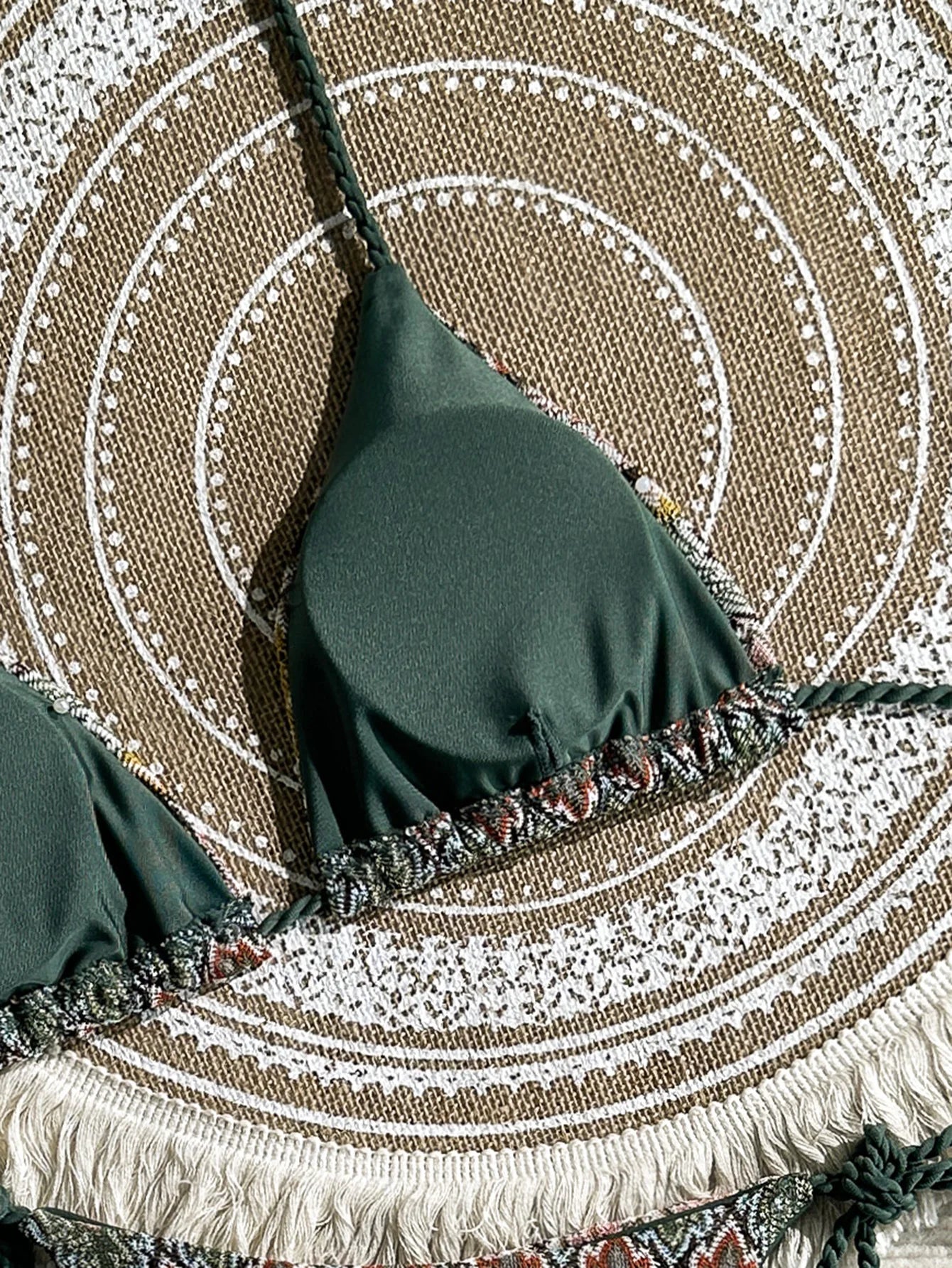 Vintage Green Knitted Striped Micro Bikini Halter Push Up Bra Shell Bandage Thong Swimsuit Bathing Suit Swimwear