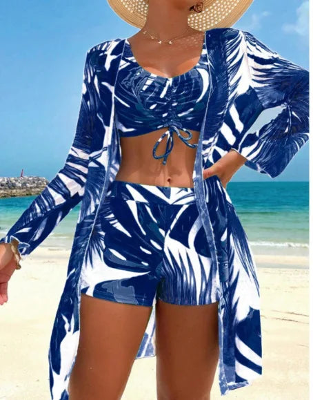 Vintage Green Leaves Print Bikini Set
