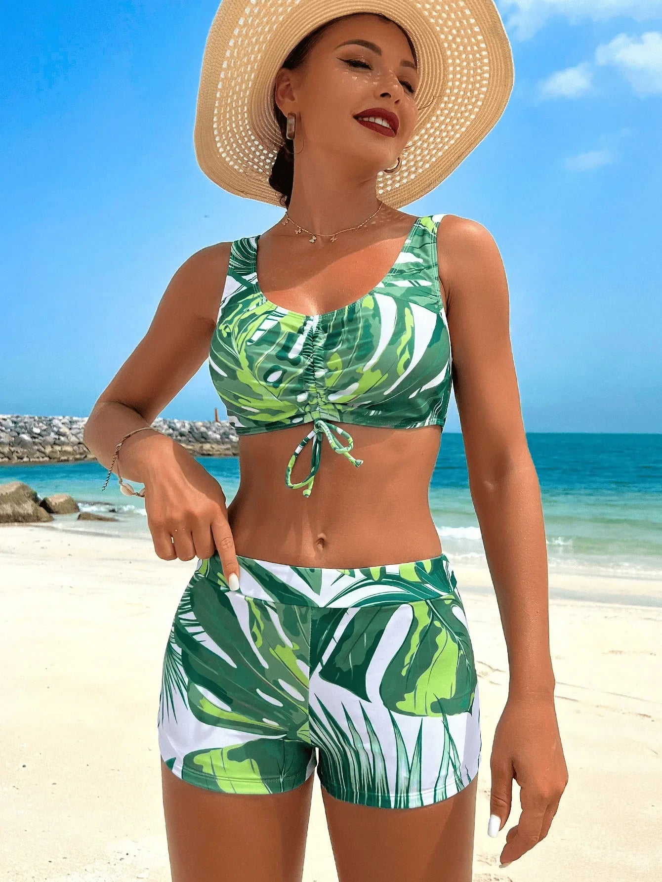 Vintage Green Leaves Print Bikini Set