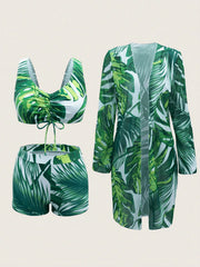 Vintage Green Leaves Print Bikini Set