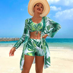 Vintage Green Leaves Print Bikini Set