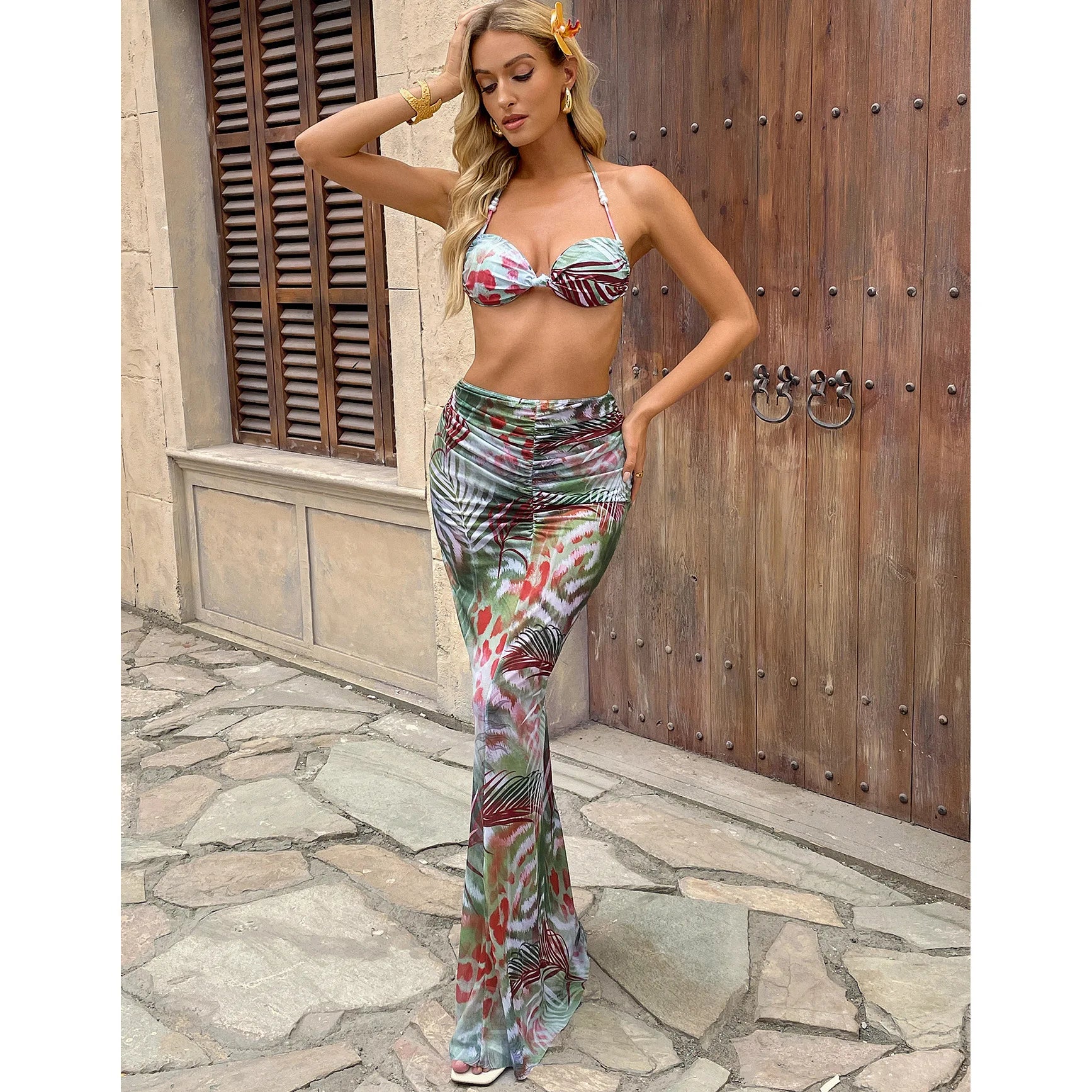 Vintage Green Leaves Print Bikini Front Tie Push Up Long Panties 3 Piece Swimsuit Bathing Suit Swimwear