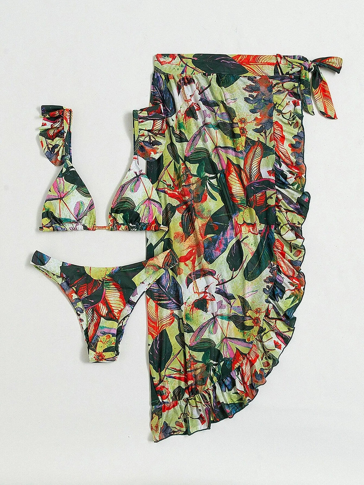 Vintage Green Leaves Print Long Skirt 3 Piece Bikini Set