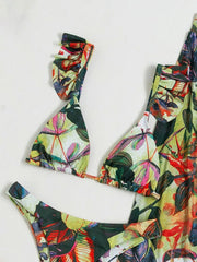 Vintage Green Leaves Print Long Skirt 3 Piece Bikini Set