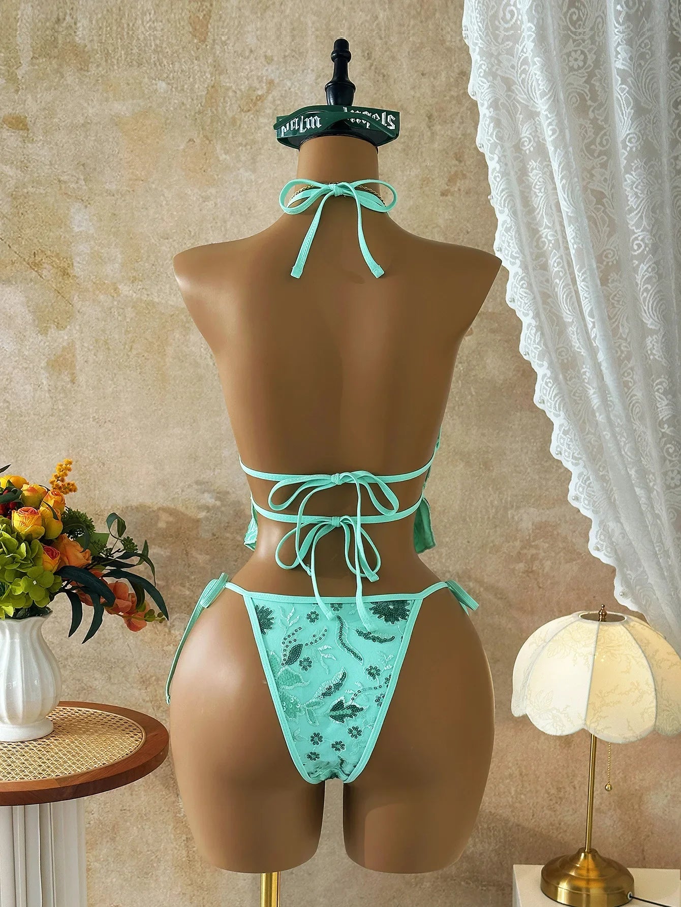Vintage Green Sequin Floral Print Bikini Set