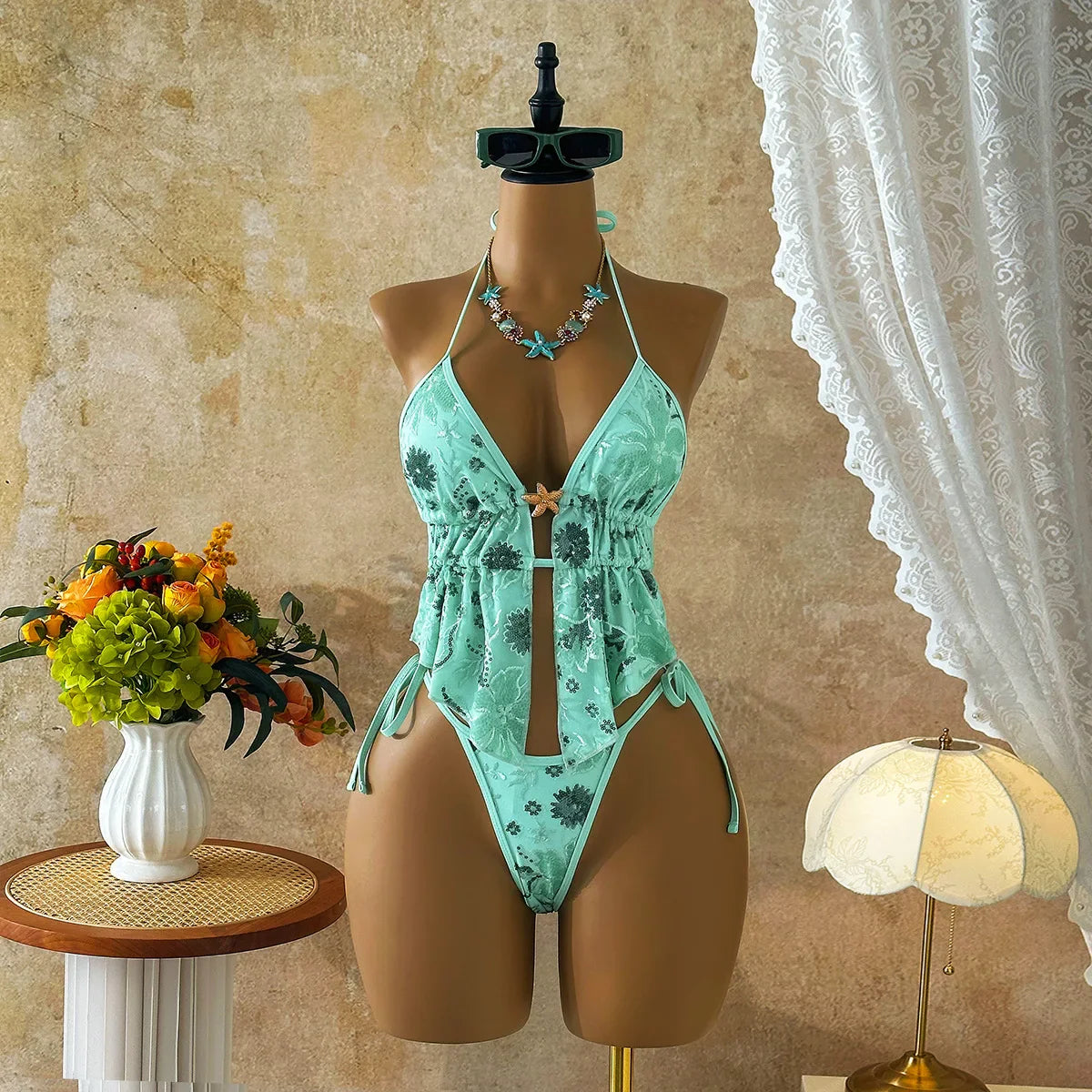 Vintage Green Sequin Floral Print Bikini Set