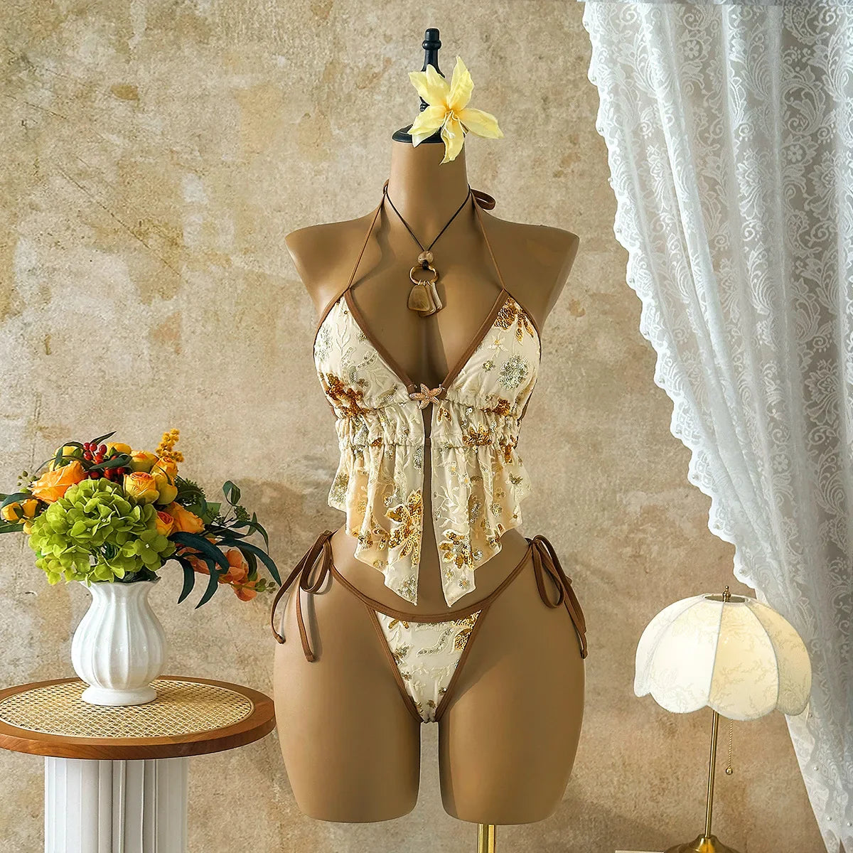 Vintage Green Sequin Floral Print Bikini Set