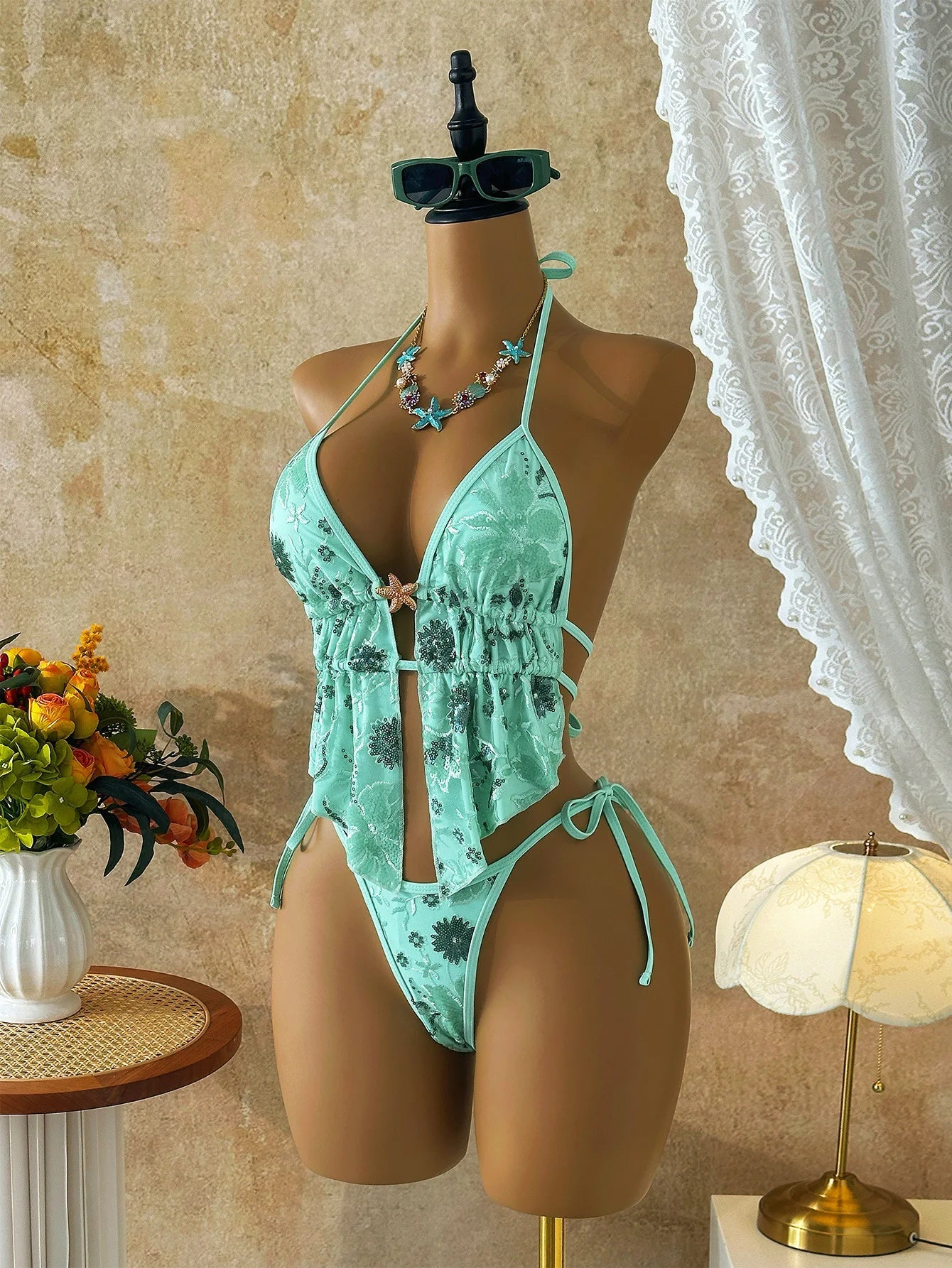 Vintage Green Sequin Floral Print Bikini Set