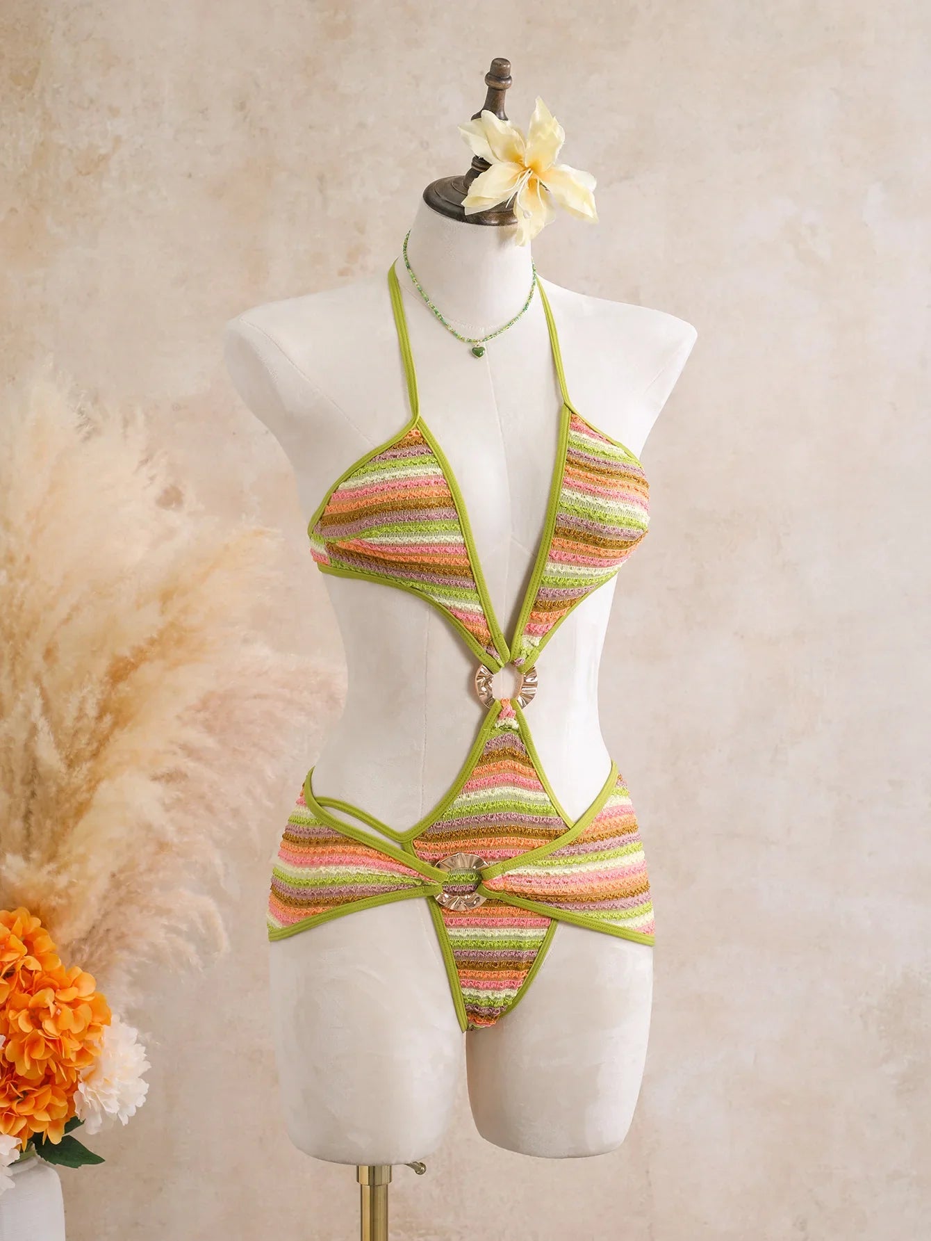 Vintage Green Striped Knitted One Piece Swimwear Skirts Sets