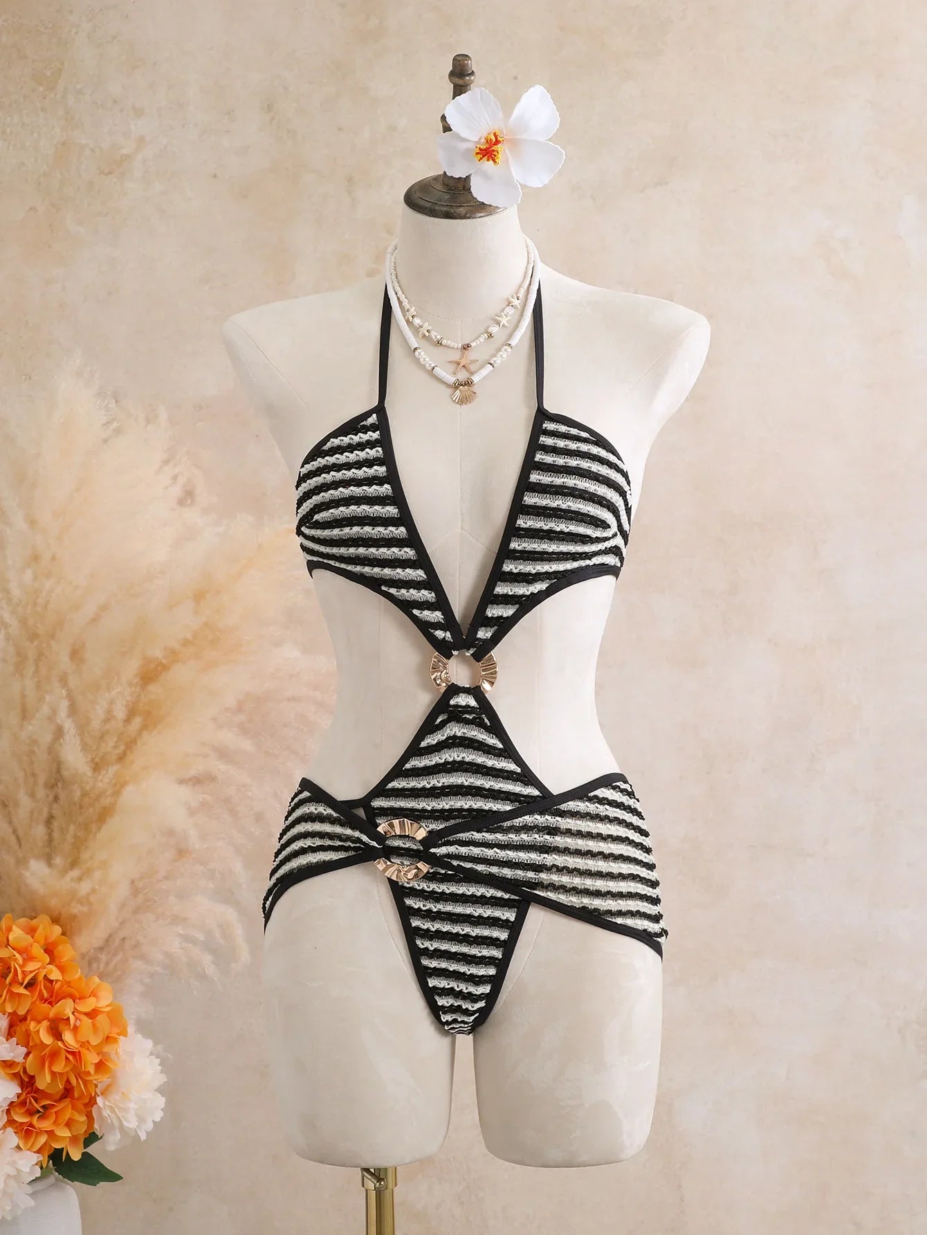 Vintage Green Striped Knitted One Piece Swimwear Skirts Sets