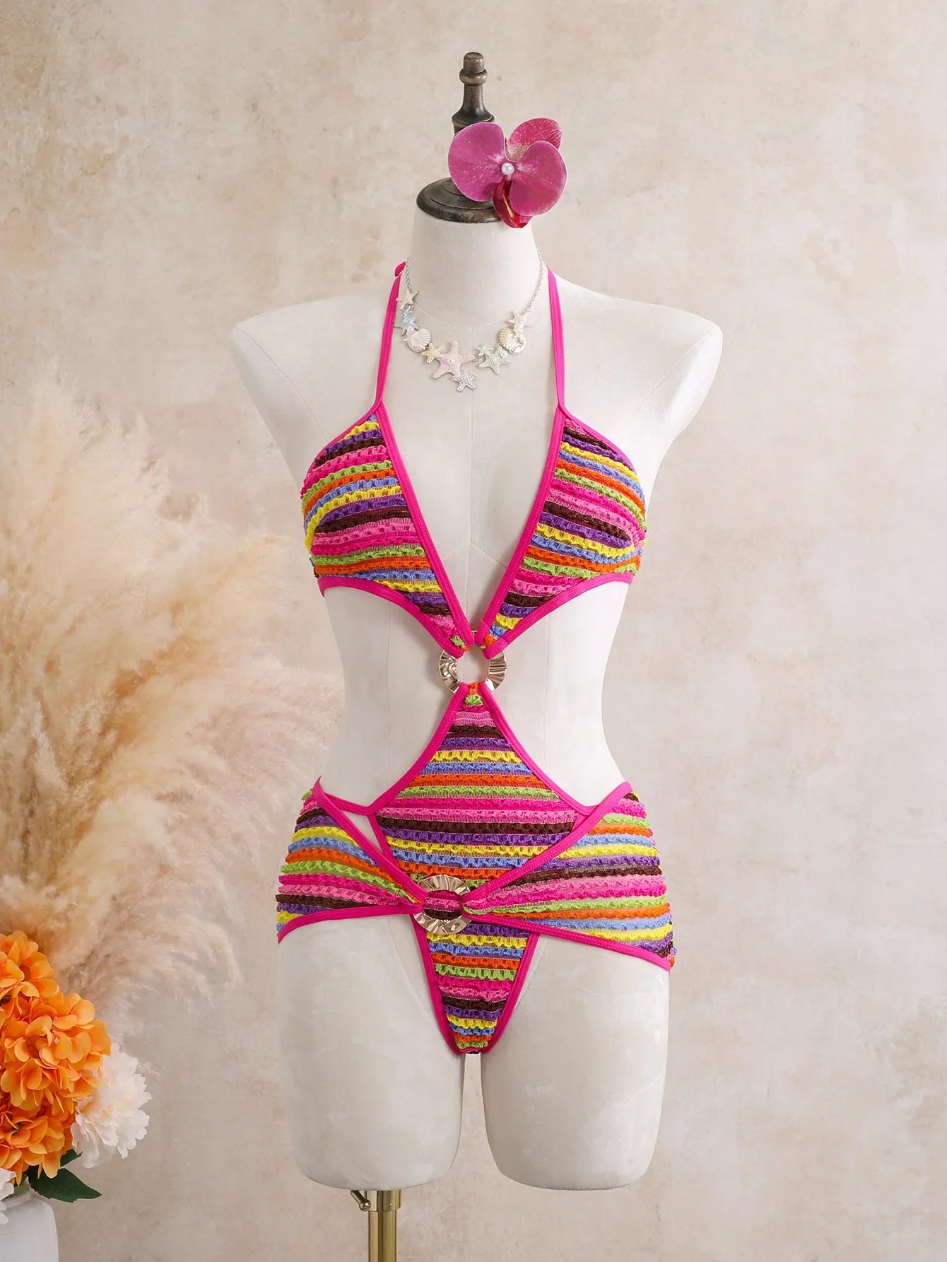 Vintage Green Striped Knitted One Piece Swimwear Skirts Sets