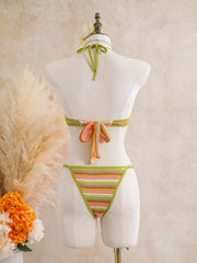 Vintage Green Striped Knitted One Piece Swimwear Skirts Sets