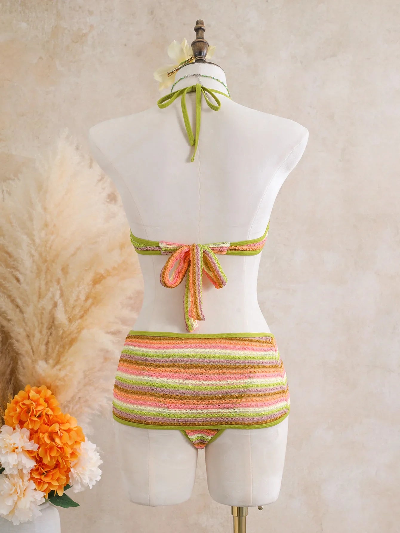 Vintage Green Striped Knitted One Piece Swimwear Skirts Sets
