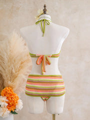 Vintage Green Striped Knitted One Piece Swimwear Skirts Sets