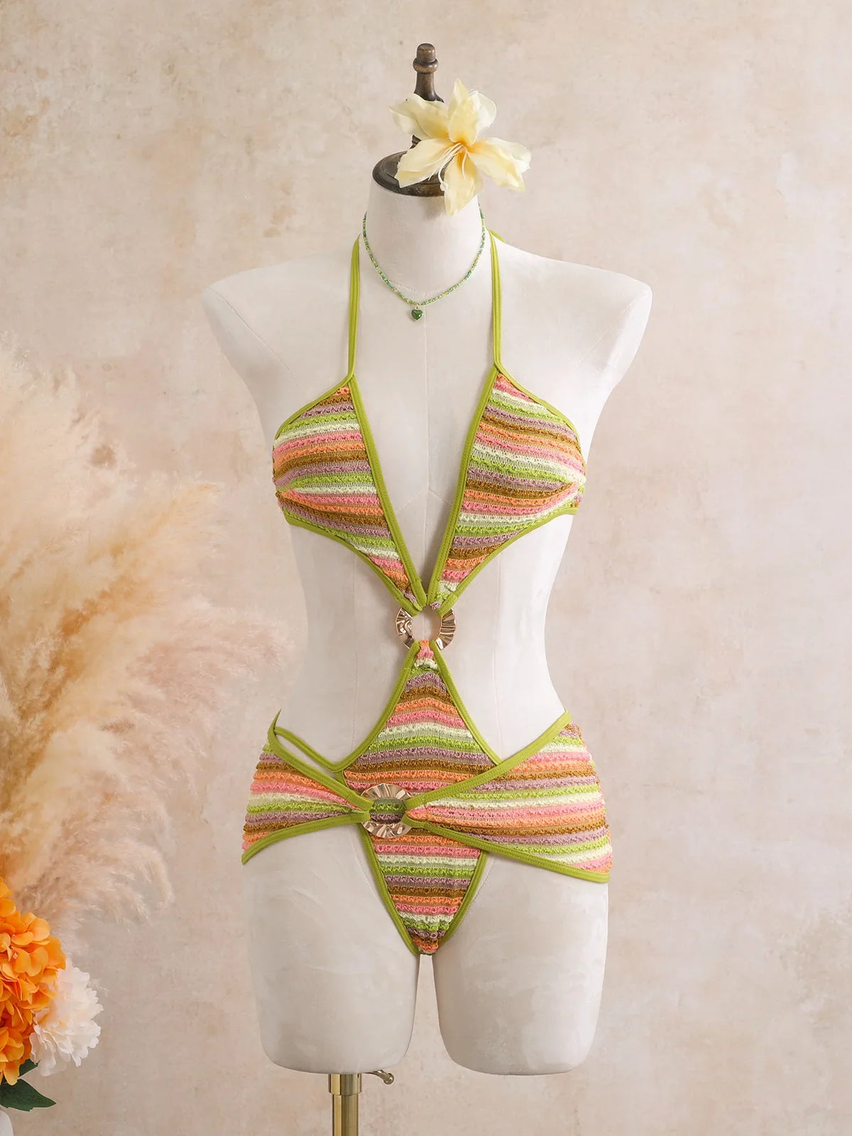 Vintage Green Striped Knitted One Piece Swimwear Skirts Sets