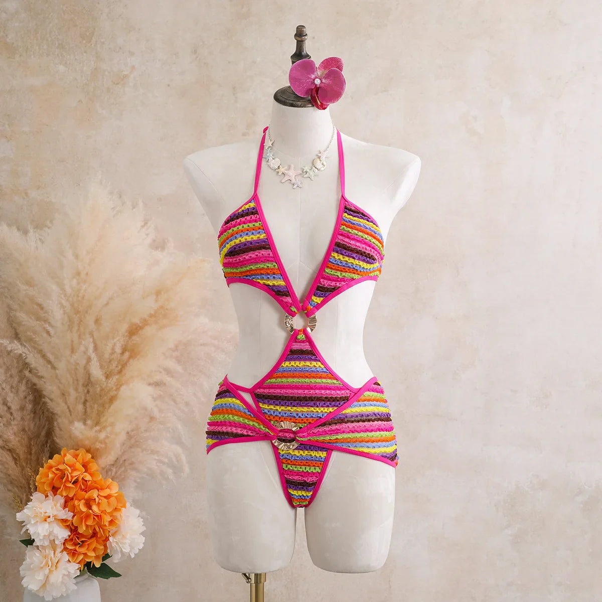 Vintage Green Striped Knitted One Piece Swimwear Skirts Sets