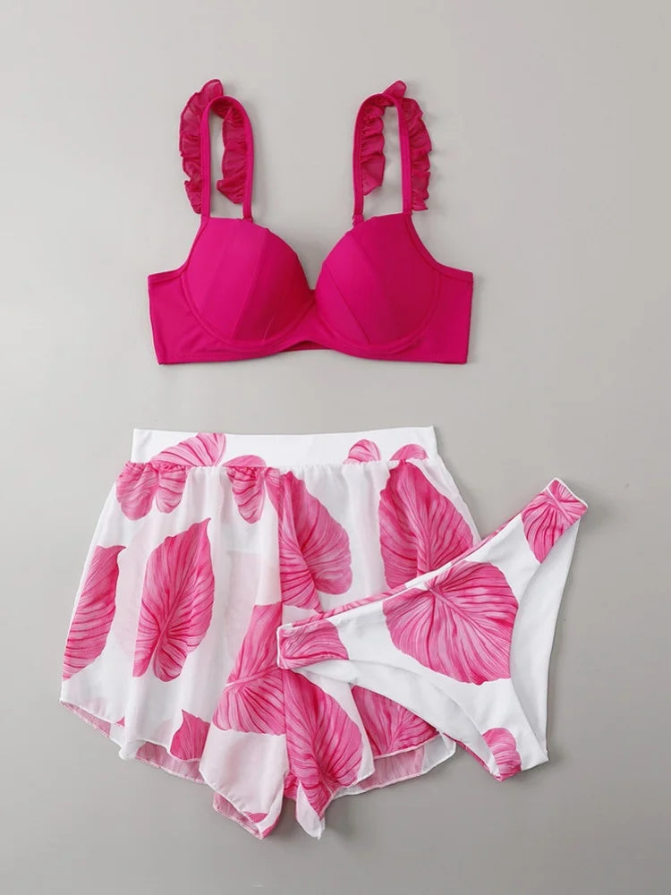 Vintage Pink Leaves Print Bikini Set