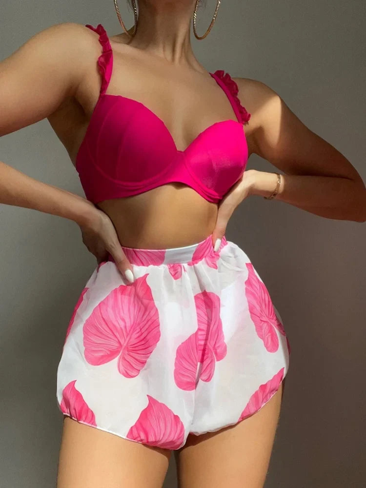 Vintage Pink Leaves Print Bikini Set