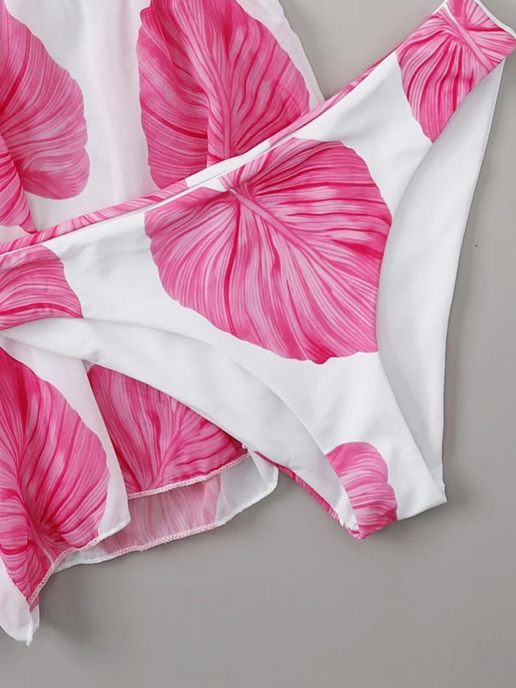 Vintage Pink Leaves Print Bikini Set
