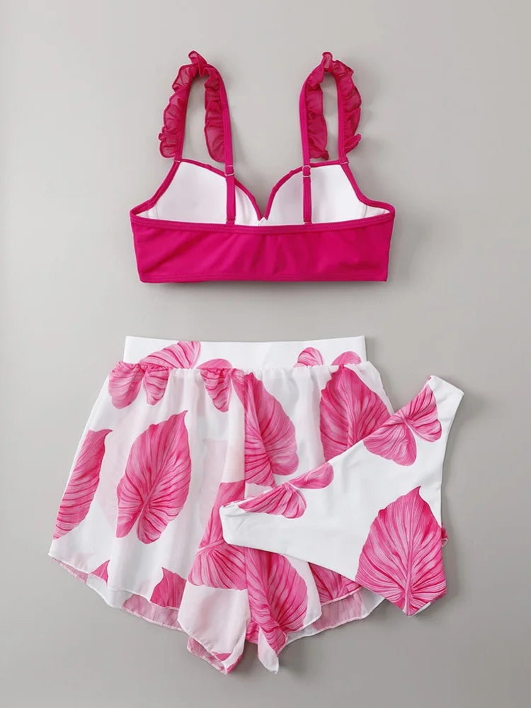 Vintage Pink Leaves Print Bikini Set