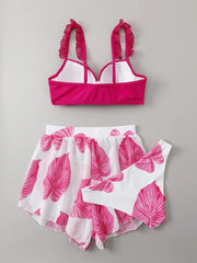 Vintage Pink Leaves Print Bikini Set