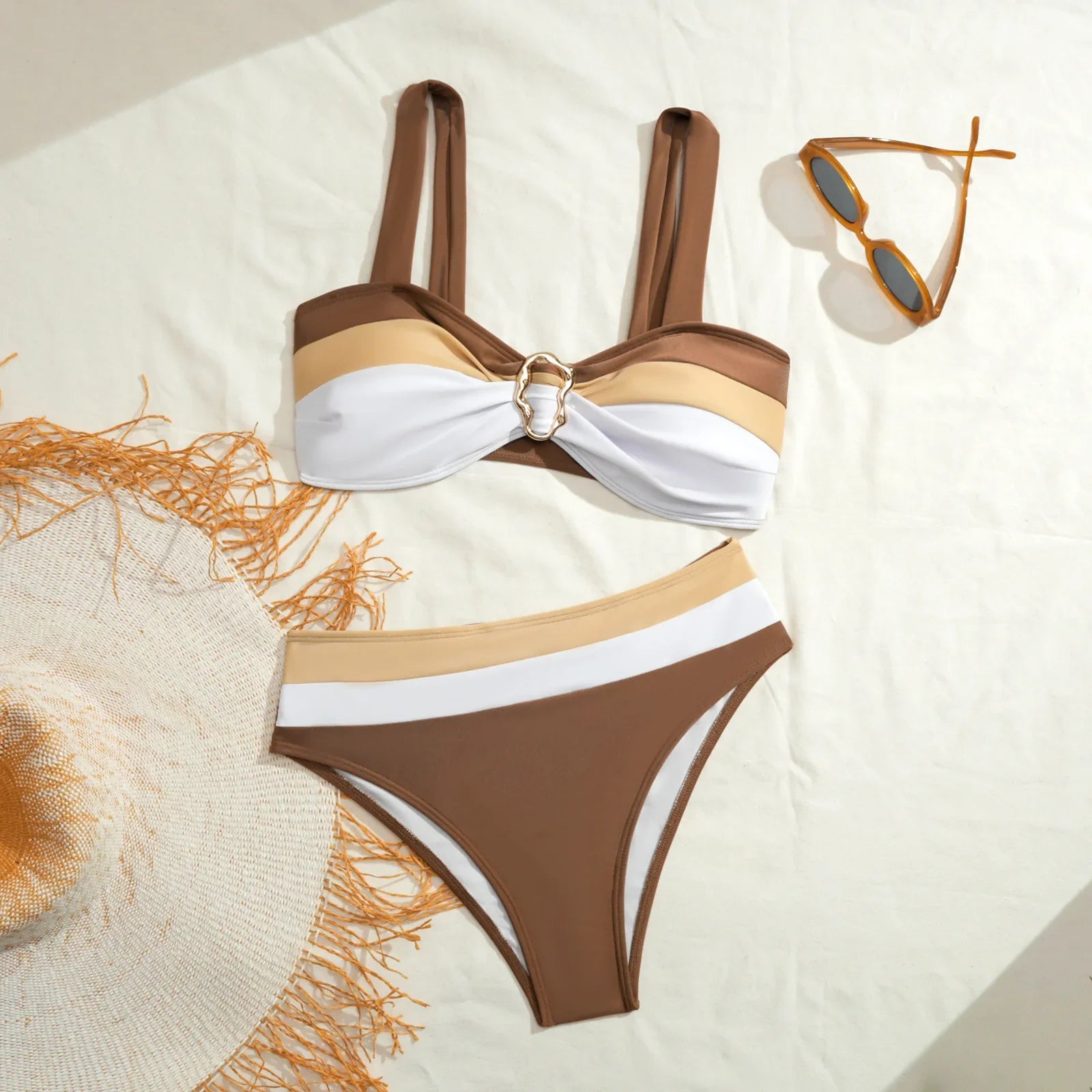Vintage Khaki White Patchwork Bikini Set