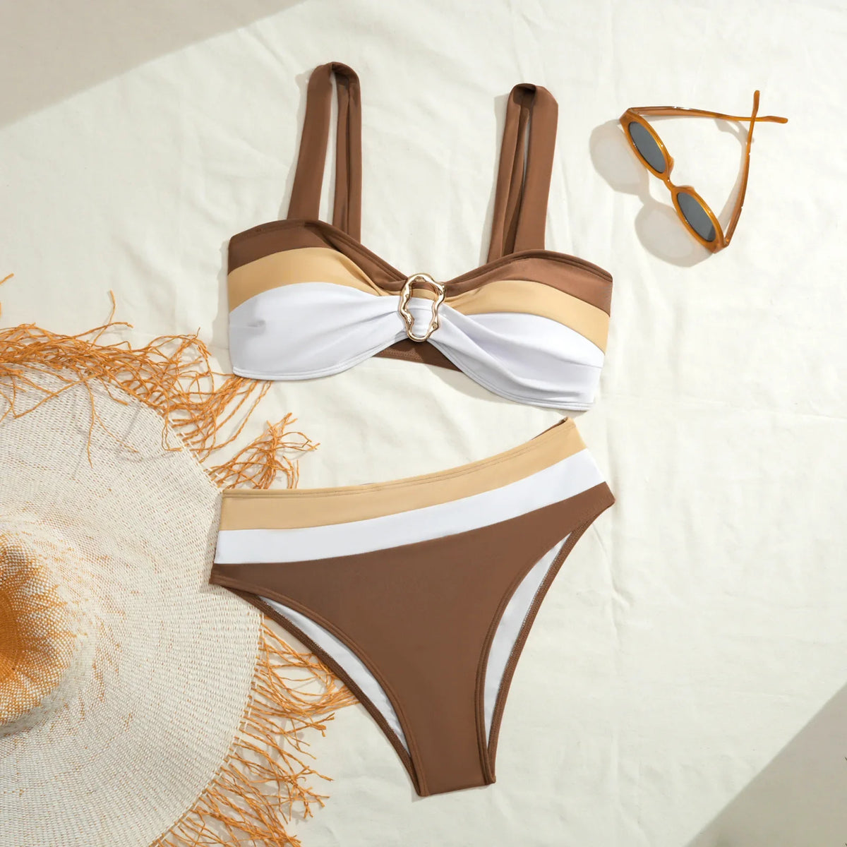 Vintage Khaki White Patchwork Bikini Set