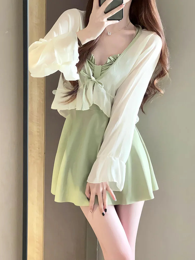 Vintage Long Sleeve Cover Up One Piece Swimsuit Skirts Set