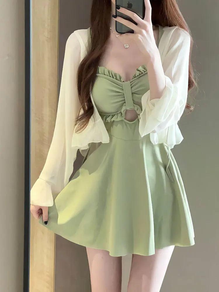 Vintage Long Sleeve Cover Up One Piece Swimsuit Skirts Set