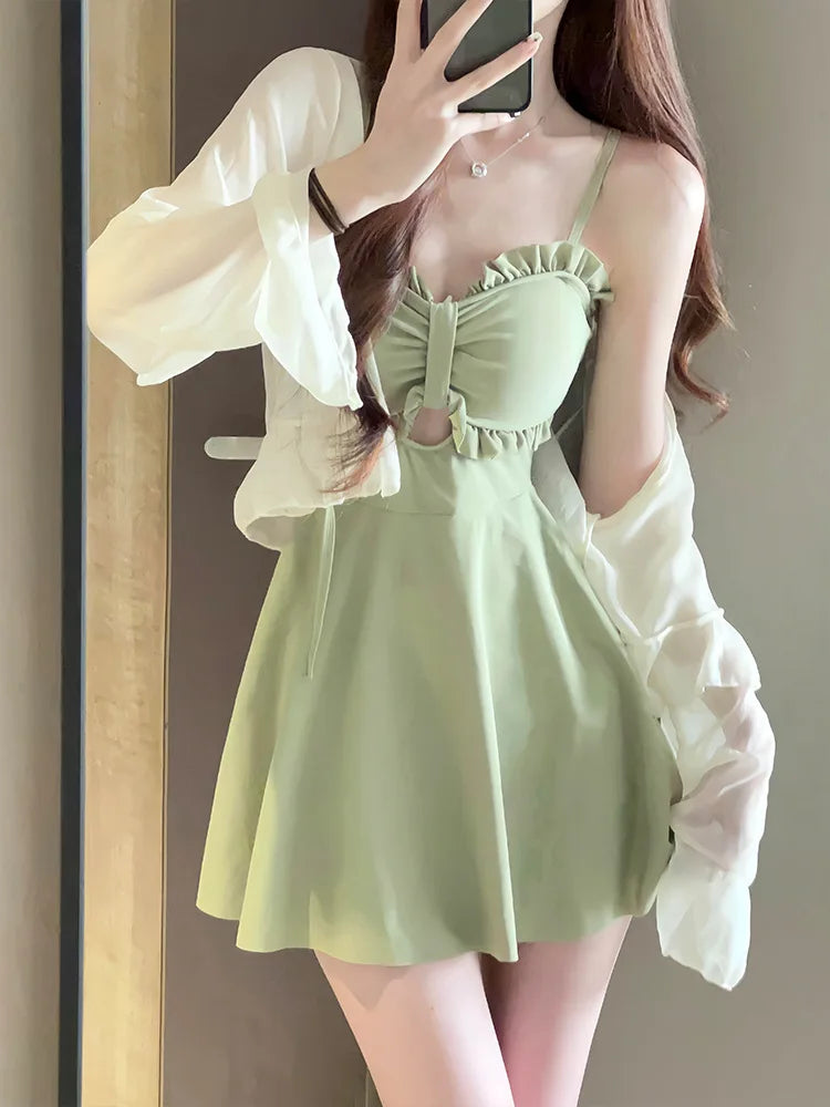 Vintage Long Sleeve Cover Up One Piece Swimsuit Skirts Set
