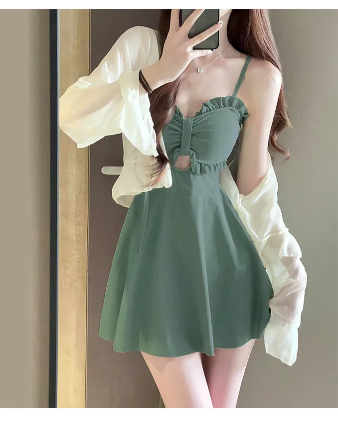 Vintage Long Sleeve Cover Up One Piece Swimsuit Skirts Set