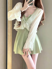 Vintage Long Sleeve Cover Up One Piece Swimsuit Skirts Set